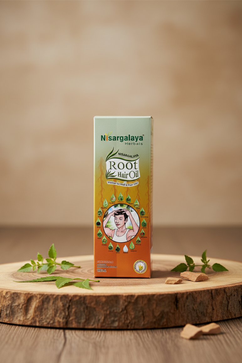 Nisargalaya Root Hair Oil box on a wooden surface with a brown background