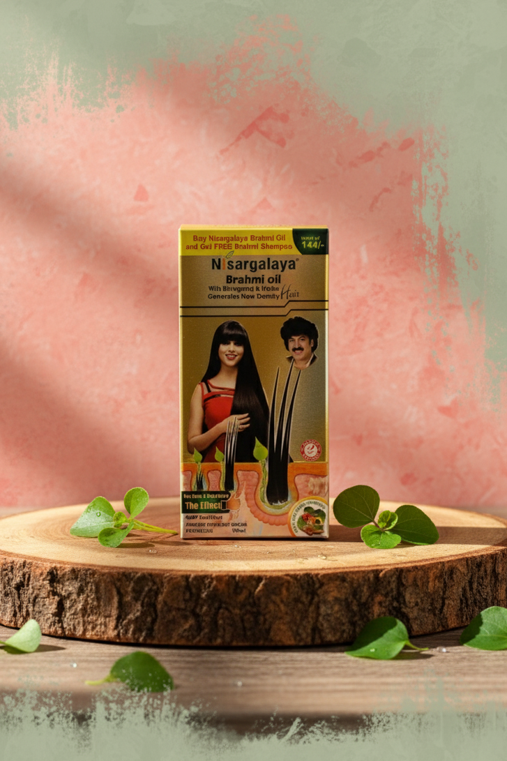 Nisargalaya Brahmi oil packaging on a wooden platform with a soft pink and green background