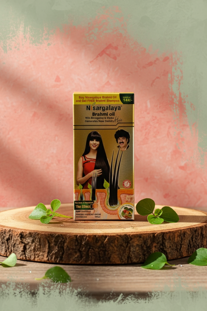 Nisargalaya Brahmi oil packaging on a wooden platform with a soft pink and green background