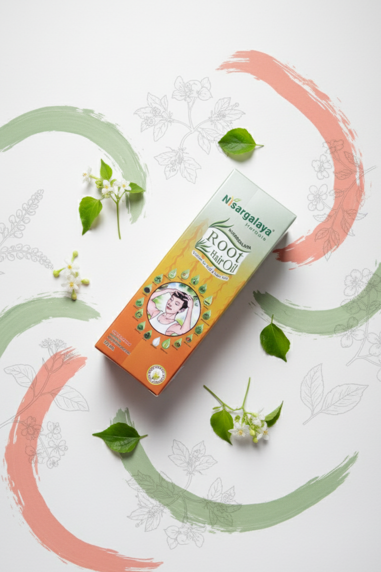 Nisargalaya Root hair oil product packaging on a decorative background with green leaves and floral elements.