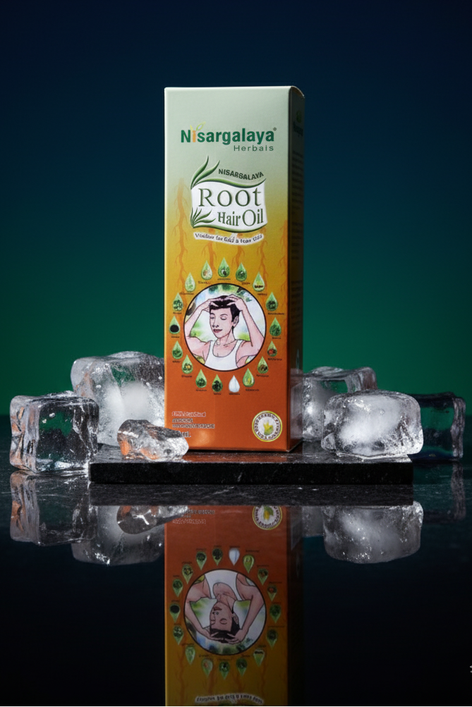 Nisargalaya Root Hair Oil packaging with ice cubes on a reflective surface