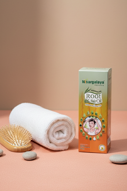 Nisargalaya Root Hair Oil box with a towel, comb, and stones on a peach background