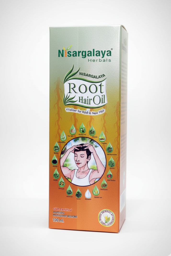 Box of Nisargalaya Herbals Root Hair Oil on a white background
