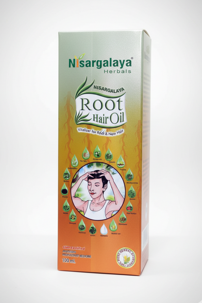 Box of Nisargalaya Herbals Root Hair Oil on a white background