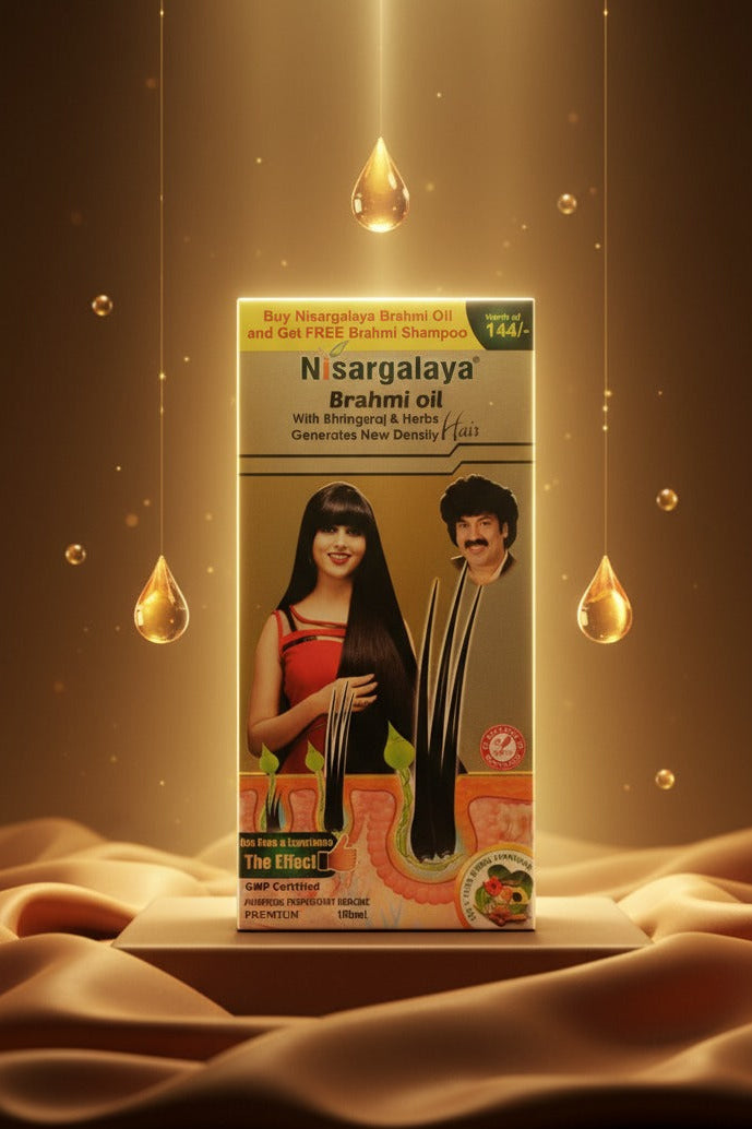 Nisargalaya Brahmi Oil packaging with a woman and man figure on a brown background