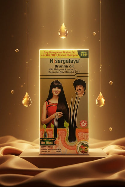 Nisargalaya Brahmi Oil packaging with a woman and man figure on a brown background