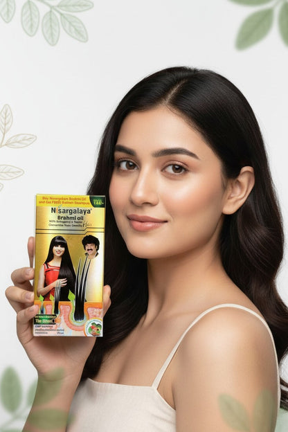 Woman holding a hair product package with a natural background