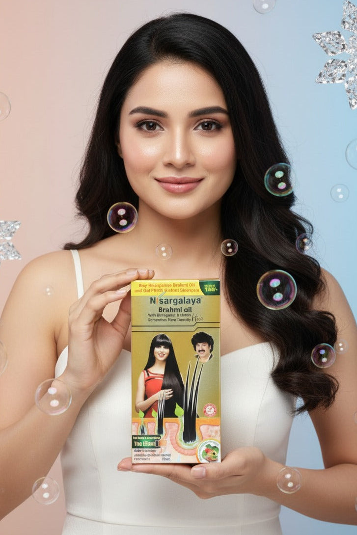 Woman holding a box of hair oil with decorative elements